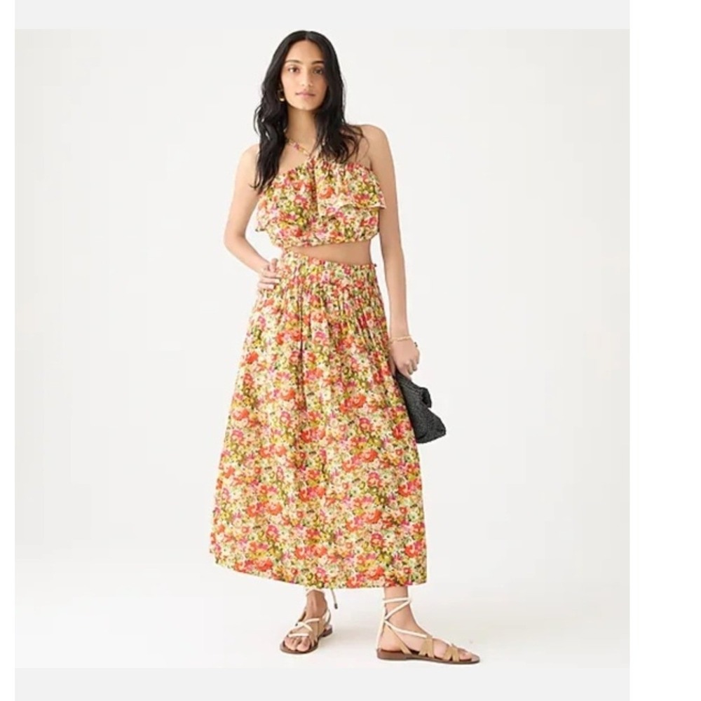 J. Crew Midi Skirt Painterly Floral Block Print XS Cotton Cottagecore Boho EUC
